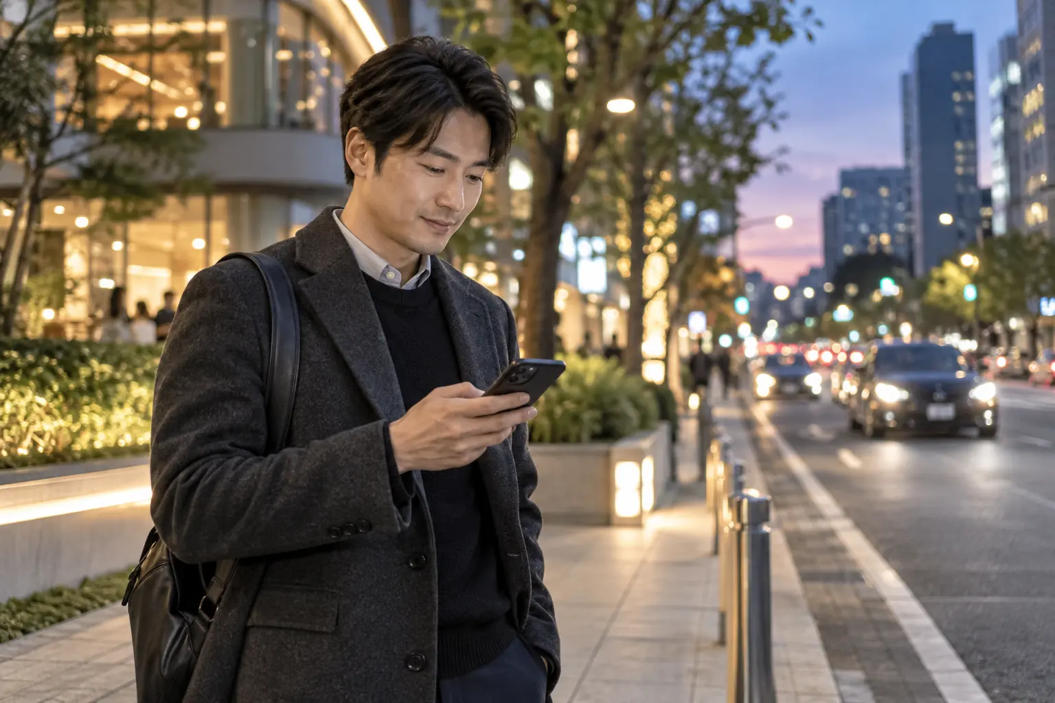 안전한 보도에서 휴대전화로 위치를 확인하는 모습