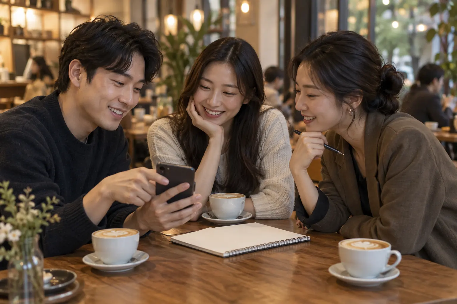 카페에서 모임 일정을 함께 확인하는 한국인 성인 일행