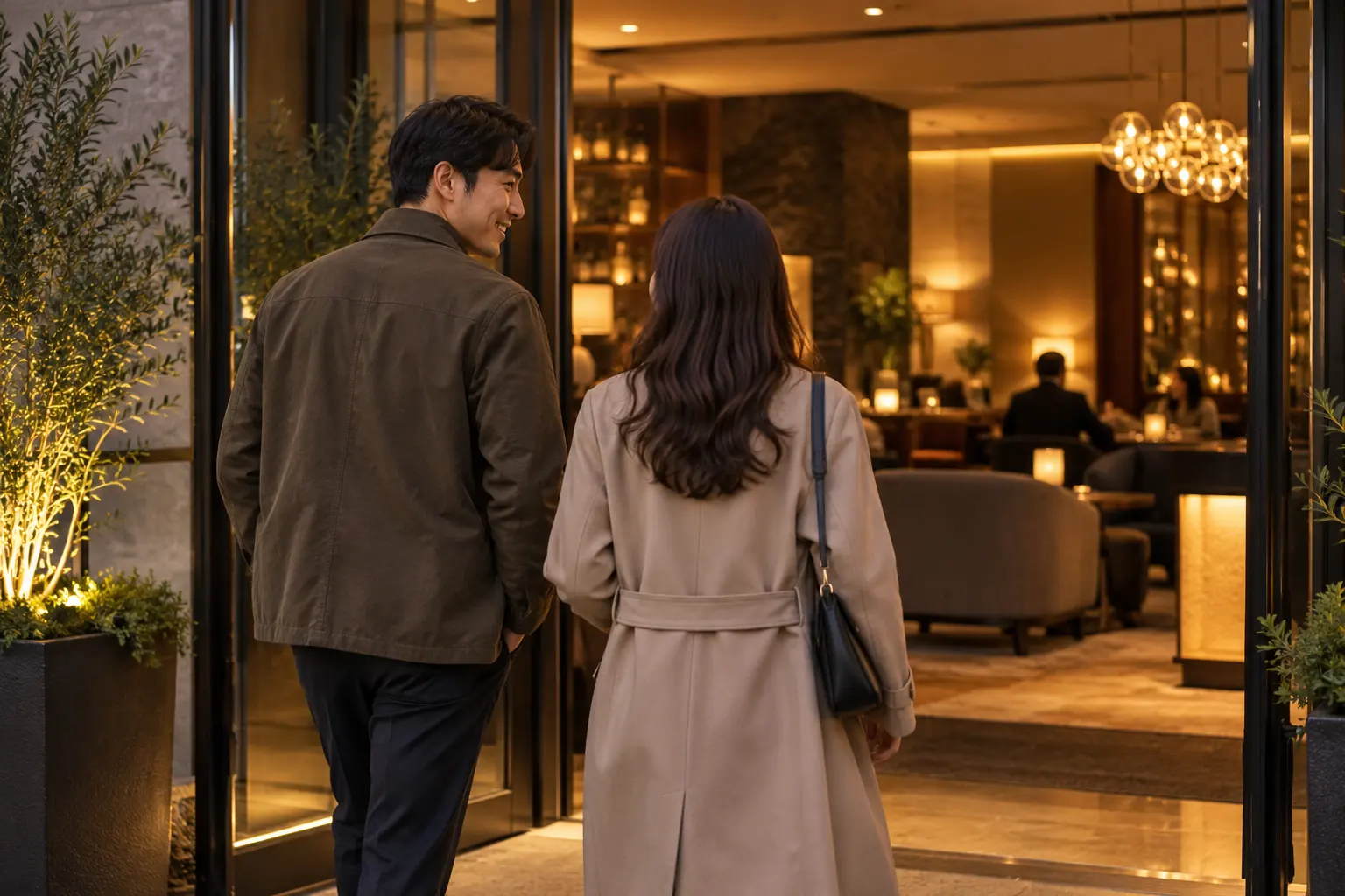 따뜻한 조명의 입구로 향하는 친구들